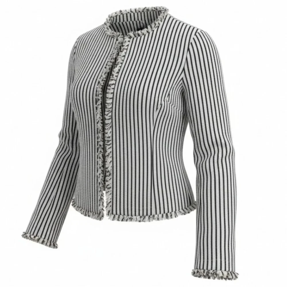 Hugo Boss Komina Black & White Striped Cropped Jacket Frayed Hem Jacket - Picture 4 of 7